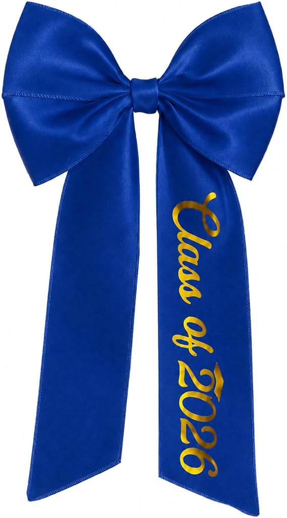 Graduation Bow Class of 2026 Graduation Cap Bow Embroidery Satin Ribbon Bows Hair Accessories for Cap Decorations (Blue)