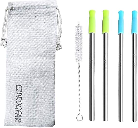 Ezprogear 5.75 Inch Short Stainless Steel Reusable Drinking Straw with Tips and Canvas Bag (4S (2x 6mm + 2x 8mm))