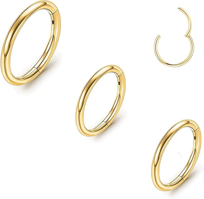 Titanium Nose Rings Hoop Septum Cartilage Earrings Gold/Silver | 3-piece hypoallergenic titanium nose hoops.Hinged segment design for nostril,septum,helix,tragus&lip piercings20g 18g
