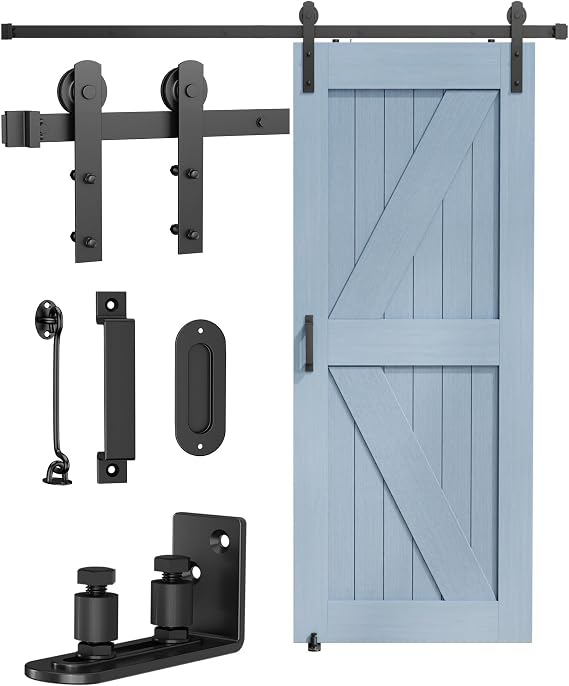 5FT Sliding Barn Door Hardware Kit with 2 Handles & Adjustable Floor Guide