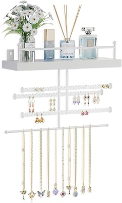 Lolalet Hanging Jewelry Organizer with Wood Shelf, Wall Mount Earring Holder Necklace Hanger Bracelet Holder, Easy Install for Bathroom - White