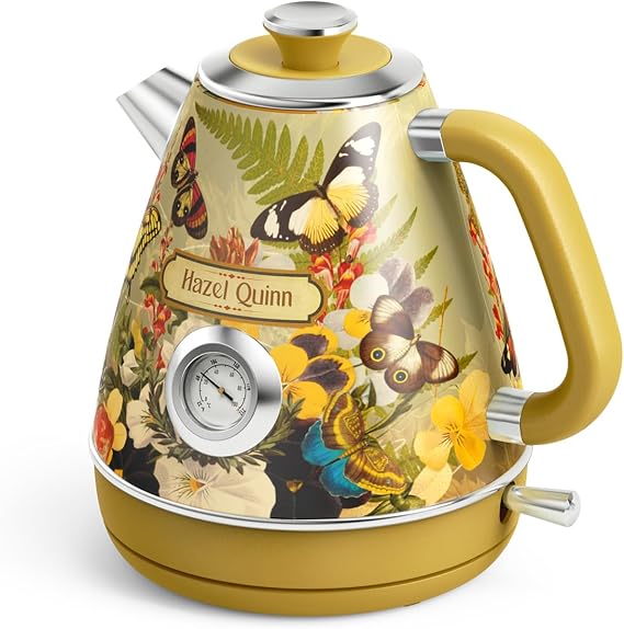 Hazel Quinn Wasserkocher Retro Vintage Design Edelstahl BPA-frei Automatische Abschaltung Wasserkocher Temperaturanzeige Strix Controller Trockengehschutz 2200 WGeblümt bedruckt