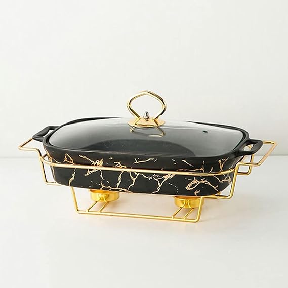 Chafing Dish Buffet Set Ceramics Buffet W/Imitation Marble Finish, and Buffet Warmer Set for Buffets/Weddings/Other Banquets,Black-L