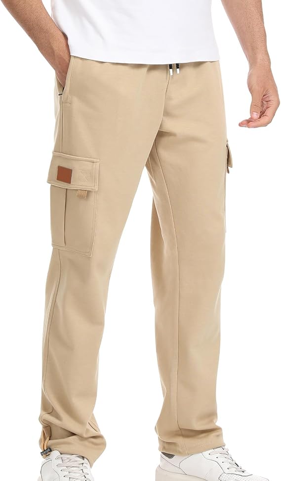 Suwangi Mens Cargo Pants Loose Waist Relaxed Fit Outdoor Elastic Bottom Pants Athletic Drawstring Multiple Pockets Joggers