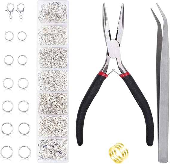 Jump Rings for Jewelry Making Kit, 1500 pcs Jewelry Repair Kit for Necklace Bracelet, Lobster Clasps and Closures Repair Supplies Kit with Pliers Tweezers-Silver
