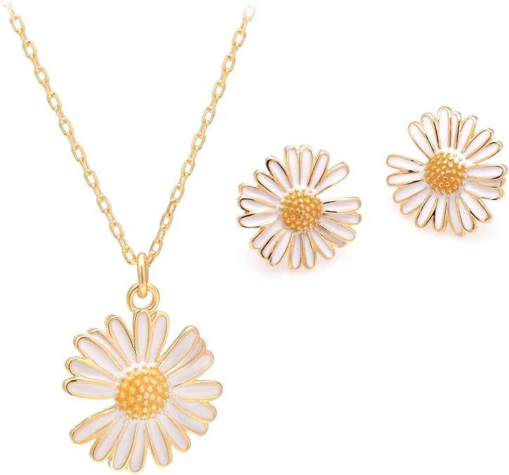 925 Sterling Silver Yellow Daisy Flower Jewelry Set Earrings & Pendant Necklace