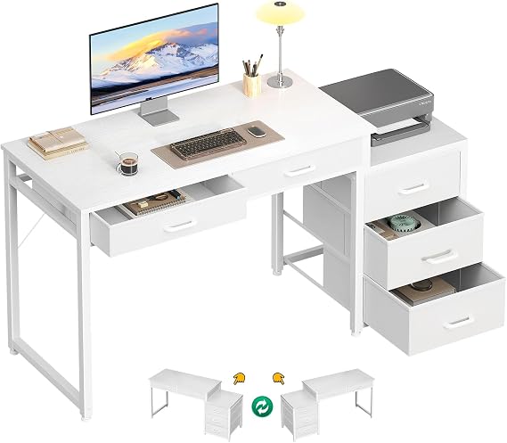 ODK 53 Inch Computer Desk with 5 Drawers & Printer Shelf, White | Reversible Office Desk for Home Office, Writing Table Desk for Storage