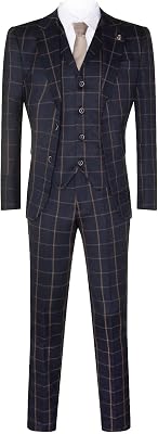 Mens Navy Blue Tweed Suit Check 3 Piece Gatsby 1920s Tailored Fit Suit