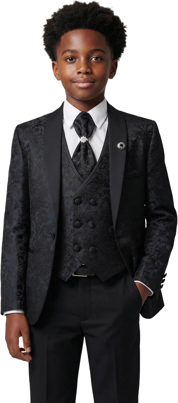 SIRRI Boys Floral Paisley Tuxedo Dinner Suit, 5 Piece Set for Pageboy Weddings & All Special Occasions