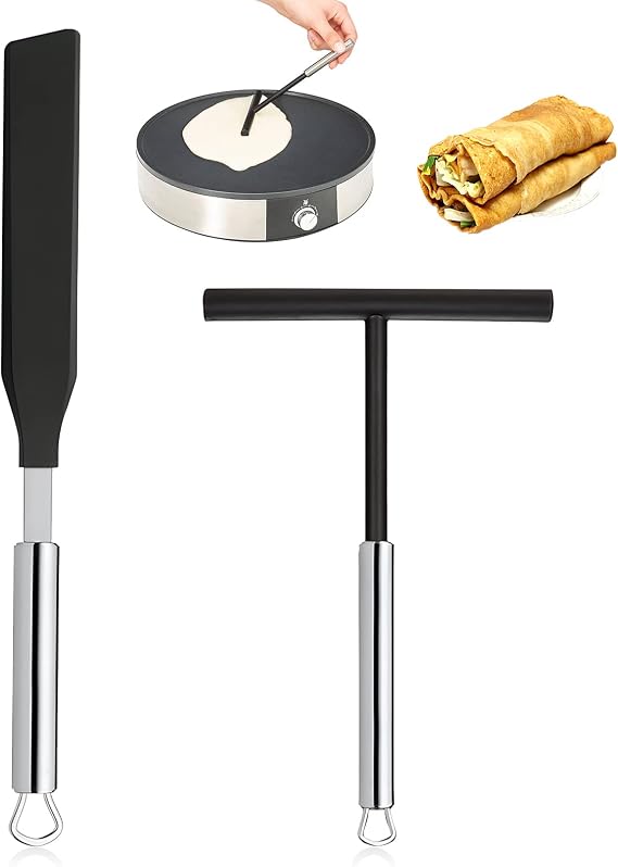 Crepe Spreader and Spatula Crepe Spatula Set Stainless Steel Crepe Tools Spreaders Spatula T- Shaped Batter Spreaders and Spatula Set