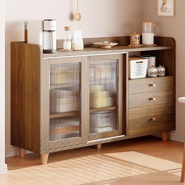 Japanese Style Dining Side Board, Wall Mounted, Integrated Storage Rack, Tea Cabinet, Kitchen, Chest, Storage Cabinet, Stylish, Ideal for Living Room, Kitchen, Study Room, Dark Walnut Color