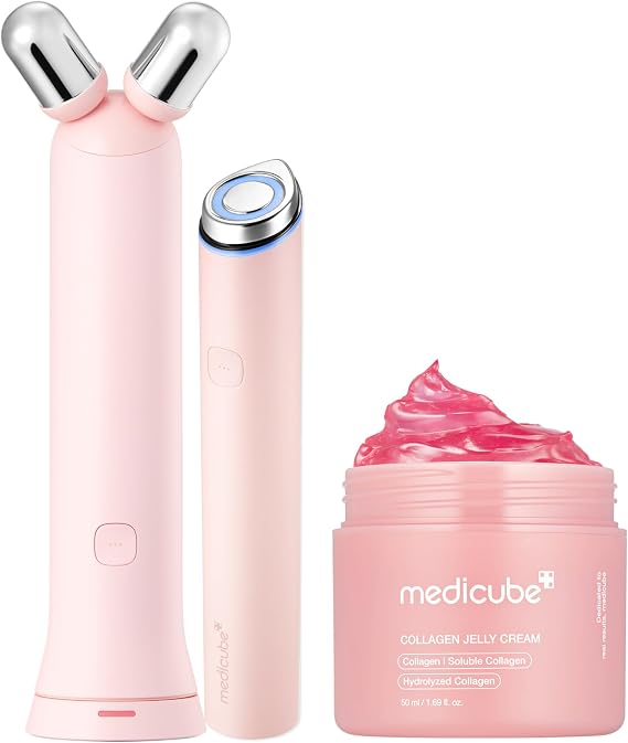 medicube Lift & Firm Set: Mini Booster Pro Plus Face Roller Device Set (Pink) and Collagen Jelly Cream 50ml (1.69 fl.oz)