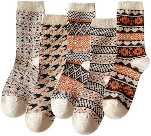 IIG 3-5 Pairs Womens Vintage Cozy Crew Socks Soft Cute Neutral Cotton Socks Exquisite Patterns Socks Gift