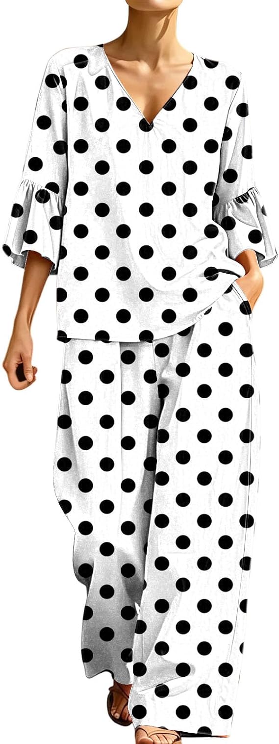 Polka Dot Sets for Women V Neck 3/4 Sleeve Top Set Wide Leg Pants Outfit Summer Vacation Travel Matching Outfits