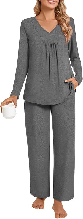 POPYOUNG 2 Piece Women's Fall Pajama Sets V Neck Long Sleeve Lounge Sleepwear Pjs Sets with Pockets