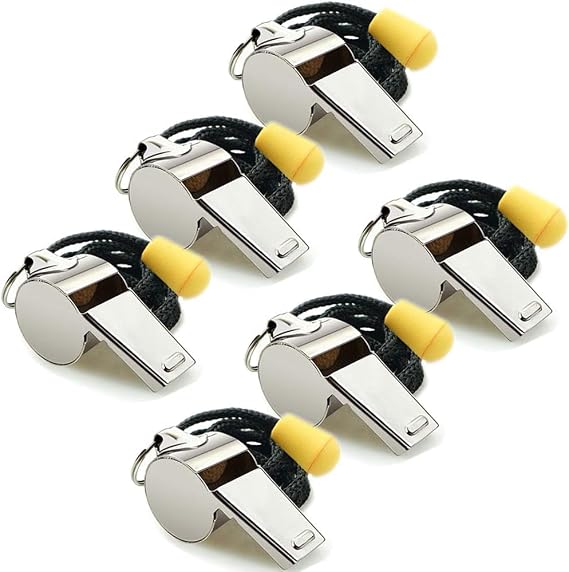 Whistle, 6 Pack Stainless Steel Sports Whistles with Lanyard, Loud Crisp Sound Whistles Bulk Great for Coaches, Referees, and Officials