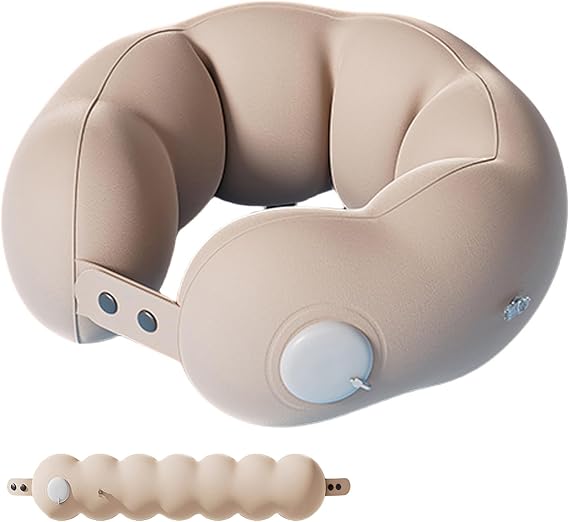 Inflatable Travel Neck Pillow for Airplane Train Car Washable Pillowcase U Shaped Office Napping Pillow, Adjustable and Soft (M (28.7 x 5.7 inches))