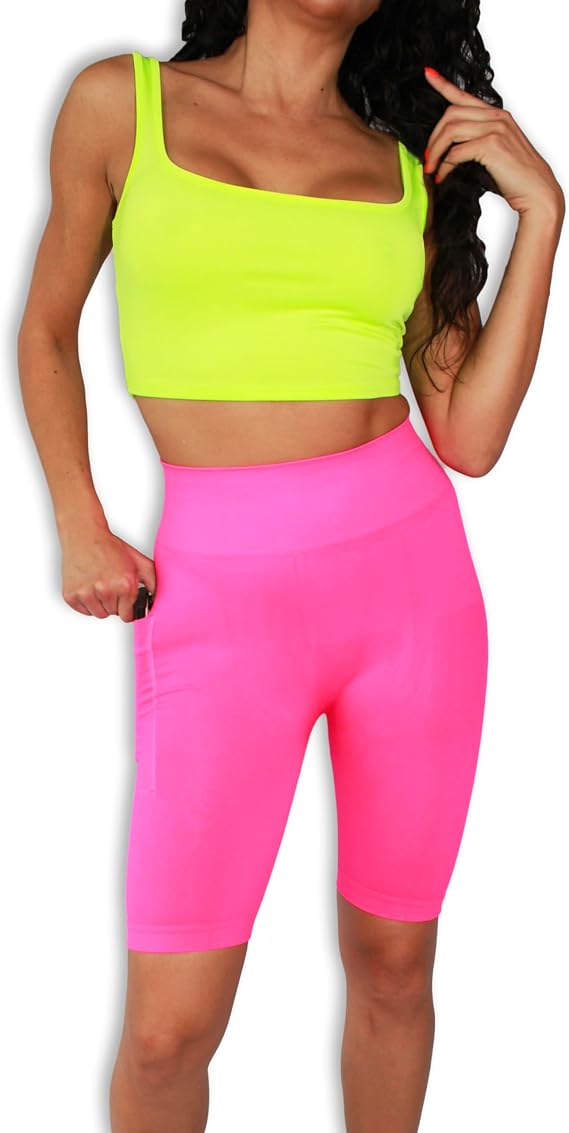 Solid Neon Colored High Waist Athletic Seamless Biker Shorts with Side Pocket