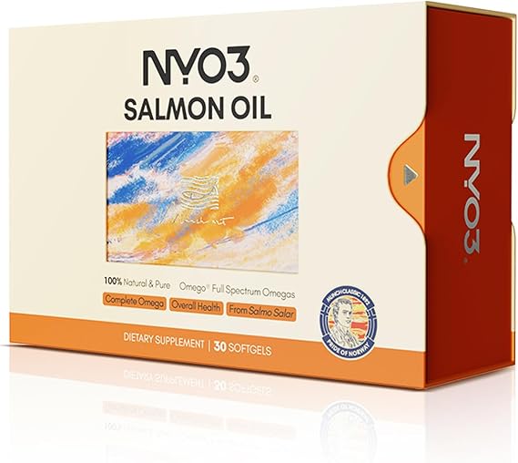 NYO3 97% Salmon Oil 1000mg with Omega 3-6-9-11 & EPA & DHA |Complete Omega|Support Brain, Heart, Eye & Skin Health|Overall Health| 30 Softgels