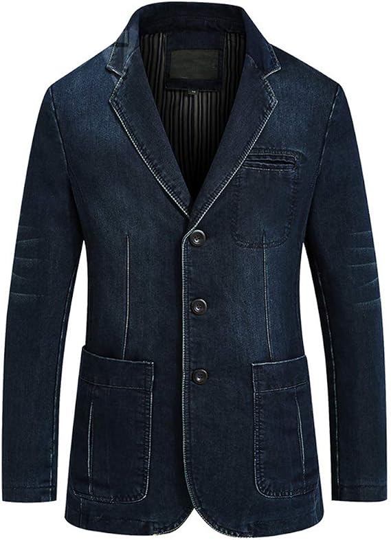 Men's 2 Buttons Denim Blazer Lapel Washed Denim Suit Jacket