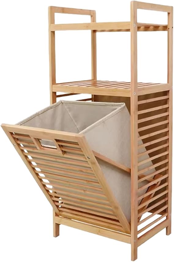 Laundry Hamper Cabinet, Laundry Basket with Shelf, Bamboo Tilt Out Laundry Hamper Cabinet with Removable Liner Bags (1 storage shelves with Shelf)