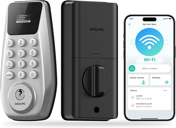 DESLOC C100 Plus Smart Lock, Built-in WiFi Keyless Entry Door Lock with Keypad & Display, Smart Deadbolt for Front Door, Door Lock for Home & Rental Use, 100 PIN Codes, IP54, BHMA Grade 3, Silver