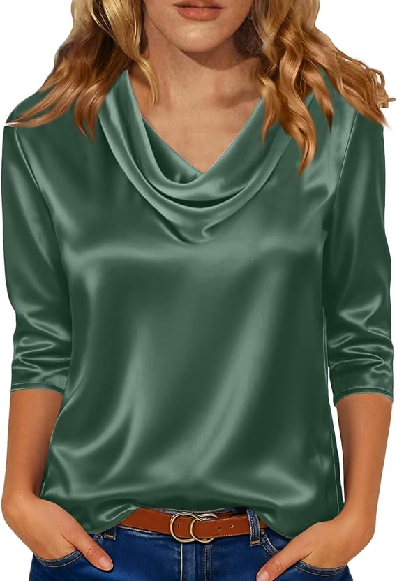 Satin Blouses for Women Spring Summer Elbow Length Silk Blouses Vintage Floral Basic Tees Dressy Silky Work Shirt