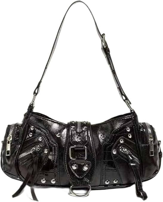 Small Black Shoulder Bag for Women - Y2K Punk Handbag PU Leather Crossbody Bag with Removable Straps for Daily Use