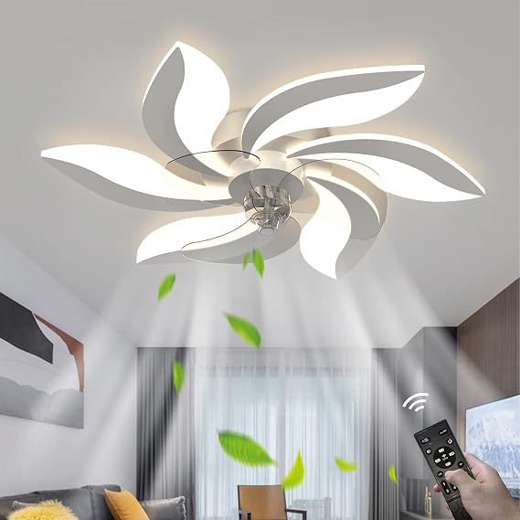26.7" Ceiling Fan with Lights and Remote Control, LED Flower Shape Flush Mount Low Profile Fan Light,3 Color Dimmable 6 Speeds Wind, Modern Bedroom Ceiling Lamp with Smart Timing 60W