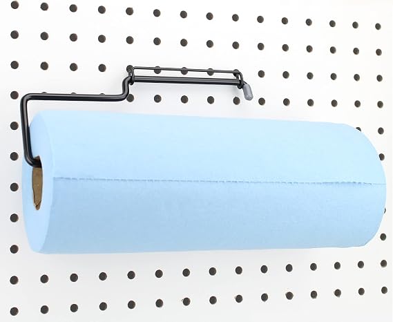RightArrange One-Handed Tear Pegboard Paper Towel Holder - Steel, Black - Hooks to Any Peg Board - Peg Board Organizer Accessories for Tool Shed, Garage, Workbench, Kitchen, Laundry or Craft Room