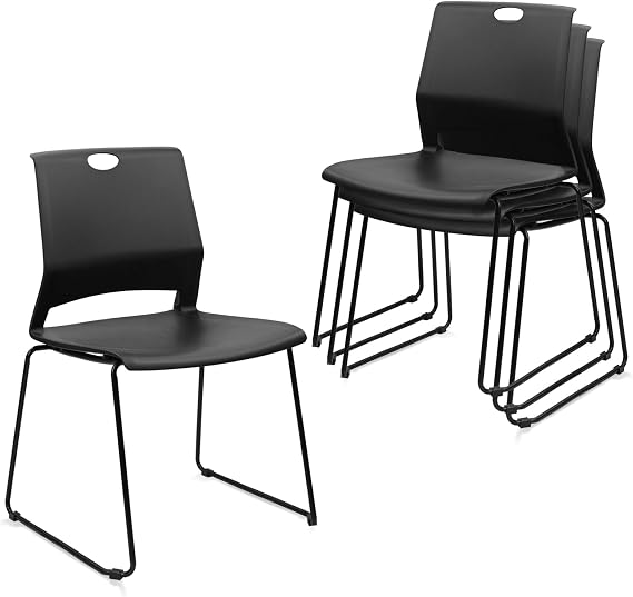 KLASIKA Stacking Chairs Set of 4, Stackable Waiting Room Chairs, Conference Chair with Back & Church Chairs No Wheels with Metal Legs, Suitable for Offices Conference Training Waiting Room, Black