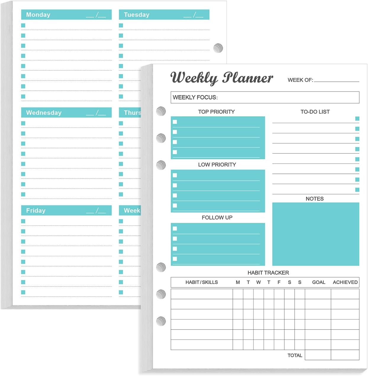 6-Hole Weekly Planner Refills for A5 Binders - 53 Sheets/106 Pages Undated Weekly Planner, 100 gsm White Paper, Lasts 1 Year, Undated, 5.8" x 8.3", Teal