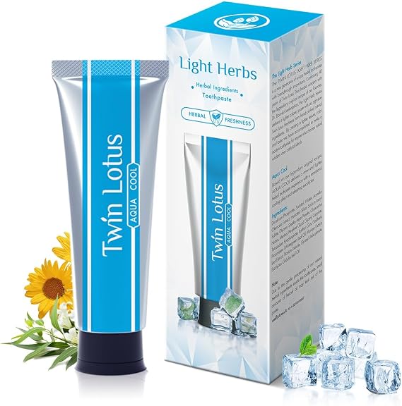 Twin Lotus Natural Herbal Aqua Cool Toothpaste,Minty Fresh Flavor,Fluoride Free,Gluten Free,Non GMO,for Bright White and Firm Teeth,Long-Lasting Fresh Breath,3.52oz 1 Pk