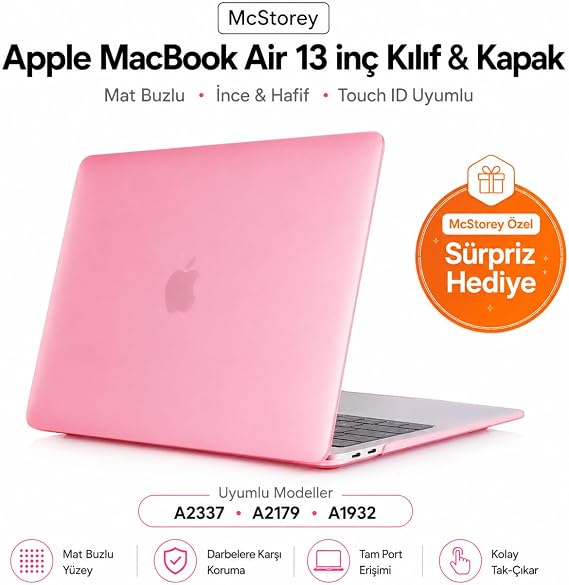 McStorey MacBook Air 13 İnç Kılıf Şeker Pembe Düz Desenli Koruyucu Sert Kapak A2337 M1 2020 ve A2179 2020 A1932 2018-2019 Uyumlu İnce Hafif Dizüstü Bilgisayar Kılıfı