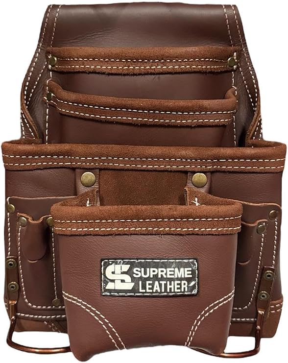 Supreme Leather Tool Pouch for Construction Carpenter Tool Bag Electrician's Pouch | 10 Pockets 2 Stainless Steel Hammer Holders Top Grain Leather Bag