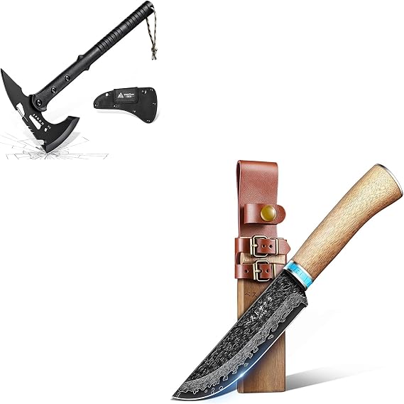 Freelander Damascus Fixed Blade Knife Bundle with Sharp Outdoor Axe