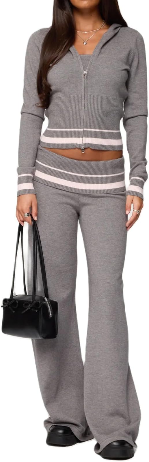 Yoawdats Women 2 Piece Knit Sets Cropped Zip Up Hoodie Foldover Flare Leg Pants Outfit Yoga Sweatsuit