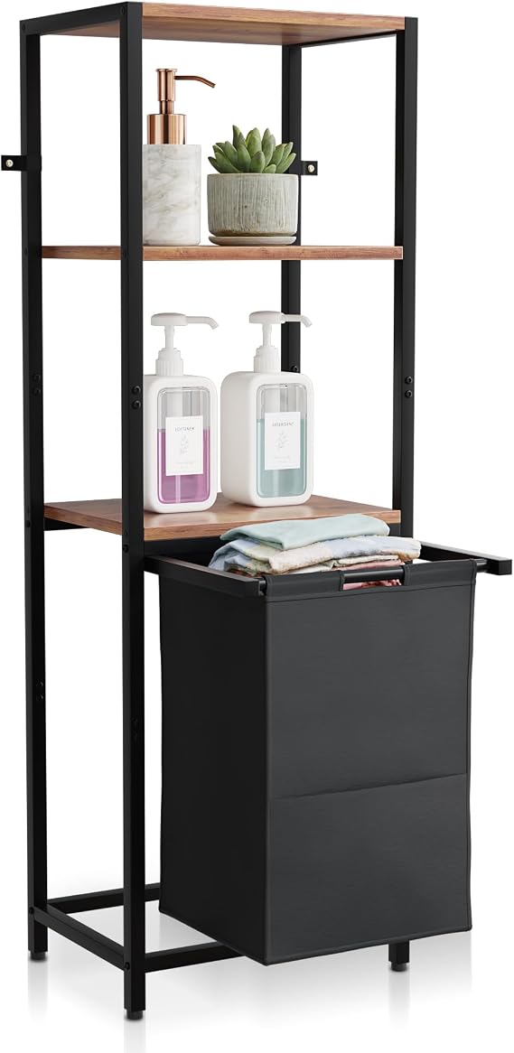 Tilt-Out Laundry Hamper with Shelf 3 Tier Laundry Organizer with Waterproof Fabric Bin | Freestanding Storage Cabinet with Hooks for Bathroom & Bedroom