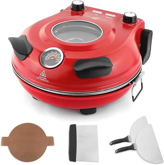 KLAIF Electric Pizza Oven Indoor With 12" Ceramic Stone, Dual Adjustable Temperature Controls, Includes 4 Pizza Tools, LMC-Red