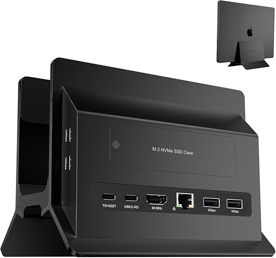 Vertical Laptop Docking Station with M.2 4TB SSD Enclosure and HDMI 4K@60Hz | PULWTOP Macbook Docking Station with USB A/C 10Gbps, Ethernet, SD/TF, Laptop Dock for Full Featured MacBook and Laptops-Black