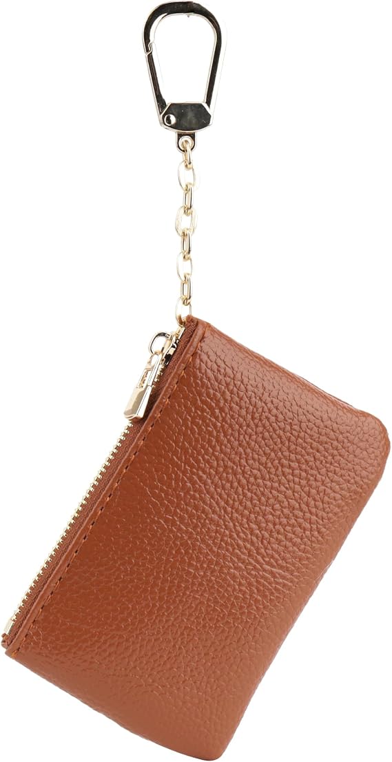 Veki Coin Purse With Key Chain, Full Grain Leather Mini Wallet, Brown | Small Coin Purse Keychain, Card Holder Keychain Small Keychain Wallet, Fashionable Classic Clutch Purse, for Women and Men