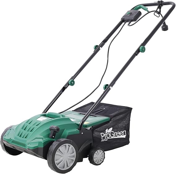 Garden Scarifier, 2-in-1 13INCH Dethatcher Scarifier,12 Amp Electric Lawn Dethatcher,Removable Collection Bag Extra Large 31.7QT (Green 13Inch)