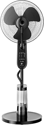 Relax centric HydroBreeze Standing Oscillating Misting Fan Oscillating Cooling Pedestal Fan with Remote Control, Up Fan 7.5 Hour Timer, 3-Speed and 3.38 Quart Water Tank, 16-inch AC Motor, Black