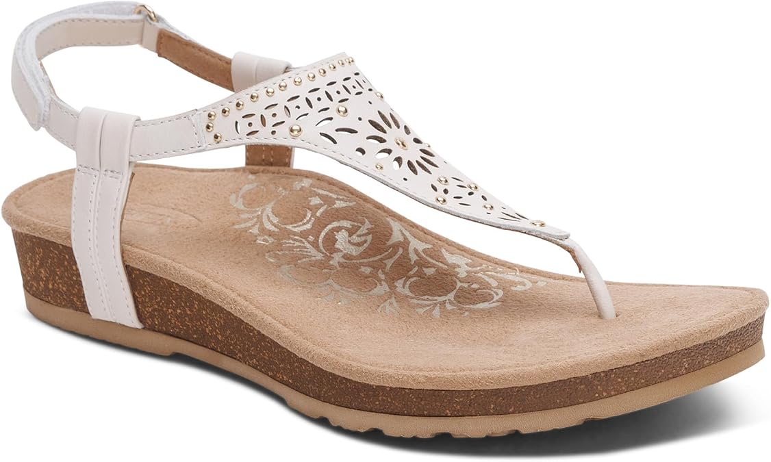 Aetrex Evelyn Casual Leather Thong Sandals for Women - Plantar Fasciitis Relief Flats Arch Support Sandals Women's with Fully Adjustable Back Strap