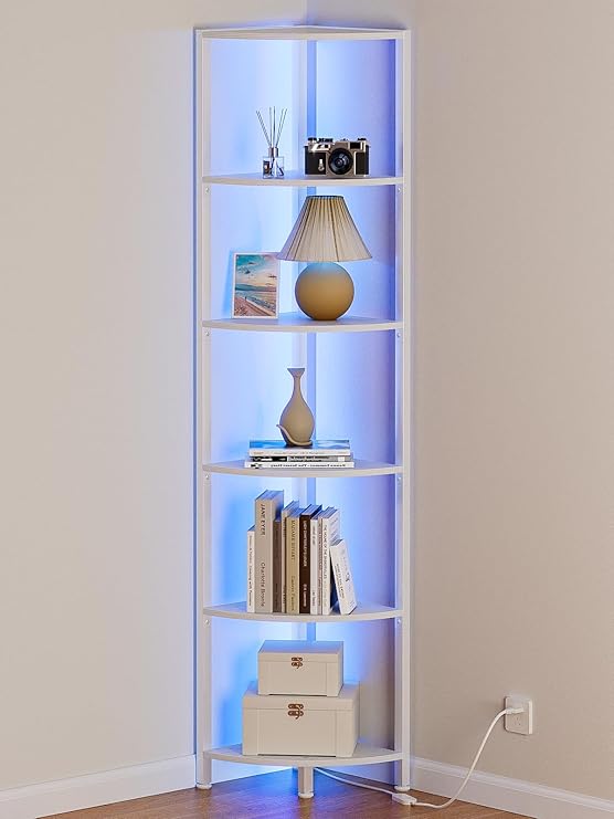 6 Tier Corner Shelf with LED Light, 67.5" White Narrow Bookshelf | Tall Standing Shelf Organizer, Storage Rack for Wall Corner, Living Room, Bedroom, Metal Frame, Wood Display Shelf