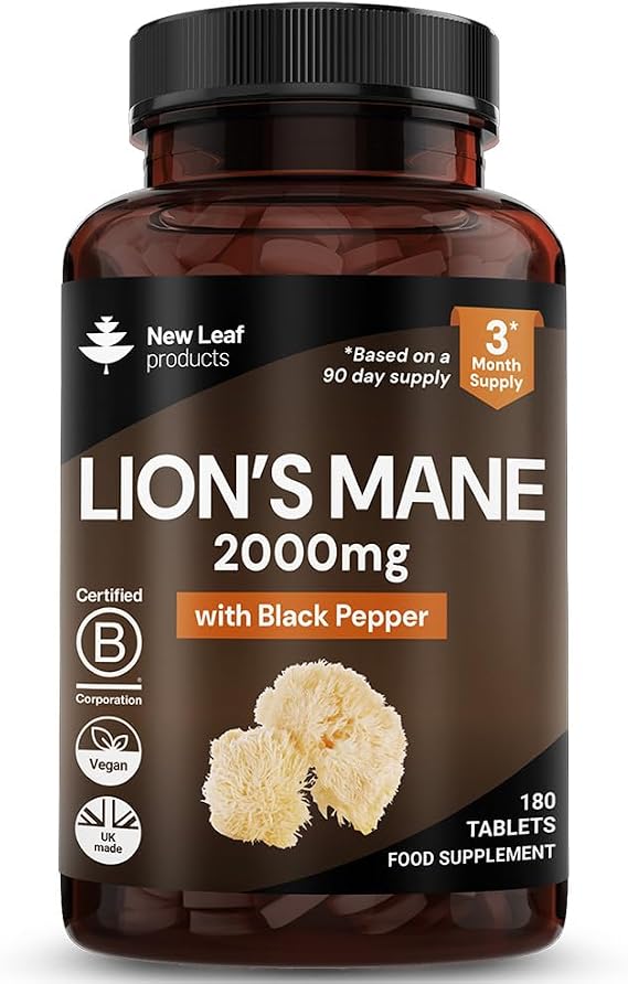 Lions Mane Mushroom 2000mg - 180 High Strength Vegan Tablets - Lion's Supplement with Black Pepper - Mushrooms Extract (Not Powder or Capsules) Made in The UK By New Leaf products