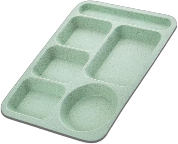 Wheat Straw Divided Plates, 5 Compartment Plates Reusable, Plastic School Lunch Tray with Dividers for Adults, Food Section Plates Diet Dinner Serving Platter, Dishwasher Safe (Green)