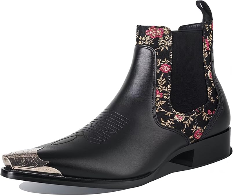 Chelsea Boots Men Floral Jacquard Fabric Silver Toe Cap Slip On Stage Party Fashion Casual Stylish Shoes, black, 11 UK