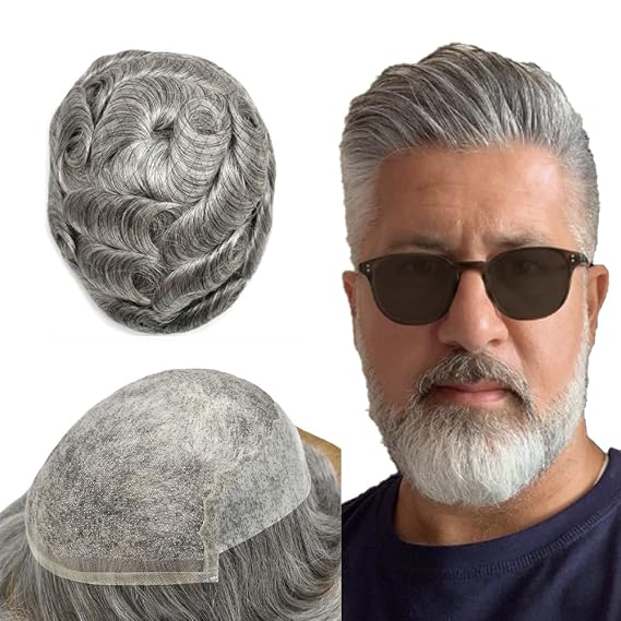 Mens Hair System Replacement Toupee for Men French Lace Front Mens Wig Poly Skin PU Male Prosthesis Hair Piece Unit 6"X8" 100% Light to Med-light Density #1B80 Off Black+80% Gray