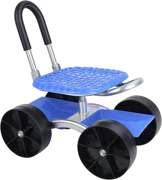 Rolling Garden Seat, Swivel Utility Stool with Flat Wheels, Comfort Picking Rotary Tool Cart, Heavy Duty Adjustable Height Garden Work Chair, Storage Shelf, Ergonomic Gardening Bench Blue